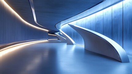 4. A futuristic corridor rendered in 3D, featuring a smooth cement floor and modern wall design, illuminated by strategic lighting that enhances the space for product displays and showcases