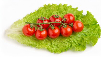 Ripe red cherry tomatoes bunch on green lettuce leaf isolated on white background. Fresh vegetables ingredients.