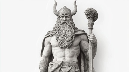 Wall Mural - Norse god Njord associated with the sea and riches stands tall and regal showcasing intricate details in a realistic sculpture highlighting his powerful presence.