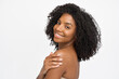 © insta_photos - Young happy African American woman model advertising face and body skin care natural treatment isolated on white background. Skincare beauty cosmetic sunscreen products ads concept. Portrait.