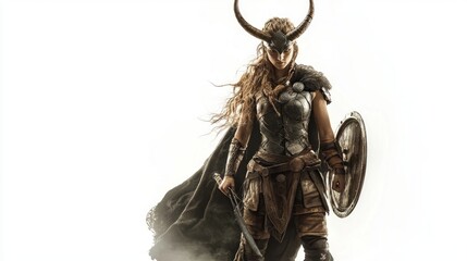 Wall Mural - Scandinavian goddess Sif is depicted in detailed armor showcasing her strength and warrior spirit while standing poised against a white backdrop.