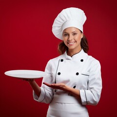 Woman in cook uniform, hat and holding plate on red background