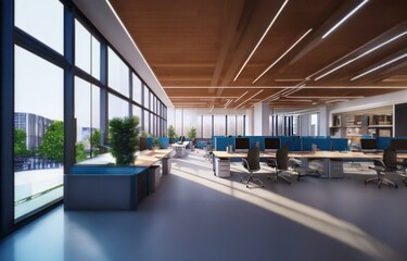 Modern office space with large windows, wooden ceiling, and a view of an urban cityscape.