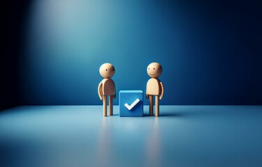 Two wooden figures stand in front of a blue cube with a white checkmark.