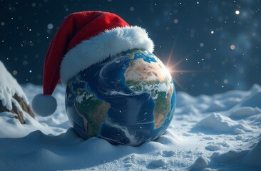 Wall Mural - The globe adorned with a festive Santa hat resting on snow during a serene winter evening