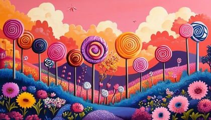 Colorful lollipop garden illustration, showcasing a variety of shapes and sizes, playful and imaginative scenery