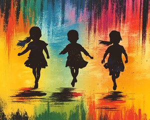 Dynamic illustration featuring three childrens silhouettes, contrasting with a spectrum of bright colors, fun and engaging design