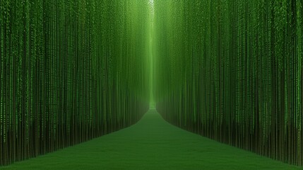 Wall Mural - long green forest with a path through it. the trees are tall and green, and the grass is lush and gr
