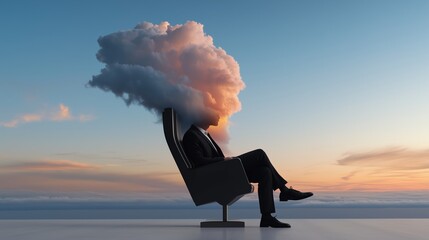 Man is sitting in a chair with a cloud on his head. Concept of confusion and disorientation, as if the man is lost in thought or struggling to make sense of his surroundings