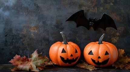 Wall Mural - Halloween themed pumpkin and bat decorations on dark backdrop