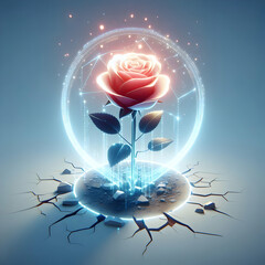 Wall Mural - Flat Macro Illustration of a Glowing Digital Rose Growing from Cracked Ground Symbolizing Hope, Renewal, and Human Rights Resilience in a Futuristic Style