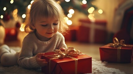 Young child kid, at home with a christmas present, christmas eve, anticipation and christmas mood