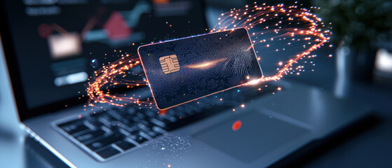 virtual bank card floating above laptop, showcasing digital innovation and technology.