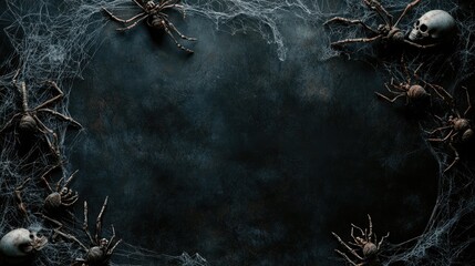 Wall Mural - Halloween themed design with cobwebs skeletons and spiders on a dark backdrop mock up for text insertion