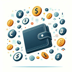 Wall Mural - Minimalist Flat Levitating Wallet with Currency Symbols - Vector Illustration Showcasing Payment Methods & Financial Transactions for Fintech & Banking Content on White Background