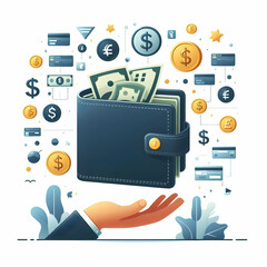 Wall Mural - Minimalist Flat Levitating Wallet Vector with Currency Symbols for Fintech and Banking Themes � Clean and Modern Financial Illustration