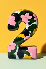 A product image of the number 2 isolated, firmly attached to a modern minimalist tabletop with vibrant handpainted floral patterns in Russian folk art style, using glossy yellow and pink colors.