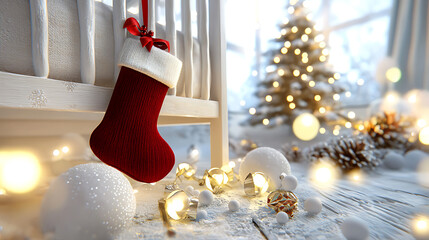 cozy Christmas scene featuring baby crib adorned with festive red stocking, surrounded by soft white decorations and twinkling lights, creating warm holiday atmosphere