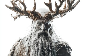 Wall Mural - intricate representation of Vili a major figure in Scandinavian mythology featuring elaborate antlers and a majestic beard presented in a striking isolated setting.