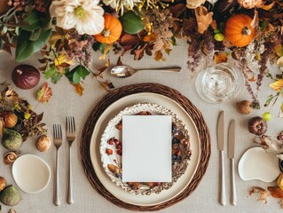 Poster - Autumn table setting with plates cutlery glasses blank cards and floral decor flat lay