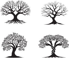 silhouette of a tree with intertwined branches, set of trees silhouettes