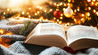 © นิโลบล ชํานาญธรรม - Cozy reading nook with open book surrounded by Christmas lights and decorations, creating warm and inviting atmosphere for holiday season