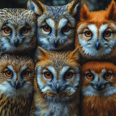 Wall Mural - Six owls with different colored feathers and large round eyes stare directly at the camera.