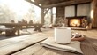© Phirakhup - Coffee cup on a wooden table with a cozy cabin ambiance.
