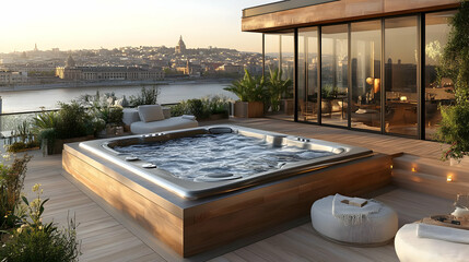 Poster - Luxurious hot tub on a terrace with a scenic city view.