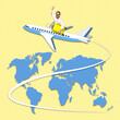© New Africa - Happy tourist with suitcase sticking out of airplane over world map. Creative travel poster