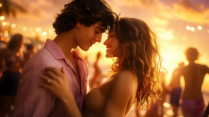 Poster - A romantic moment between a couple at sunset during a lively party.