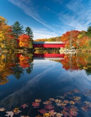 Canvas Print - Red bridge reflected in fall lake