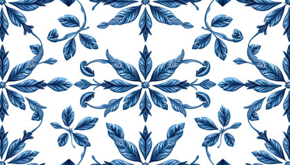 seamless pattern in provence, vintage style. cute ornament from blue leaves on a white background. abstract illustration from blue elements, gzhel. pyrinth for fabrics, textiles, ceramics, wallpaper