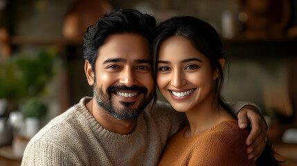 Wall Mural - A joyful couple smiling together in a cozy indoor setting.