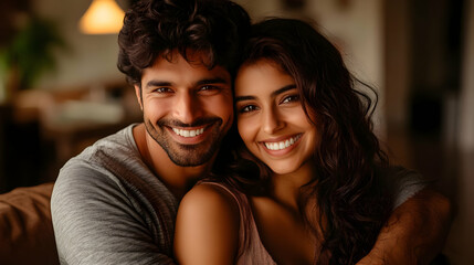 Poster - A joyful couple smiling together in a cozy indoor setting.