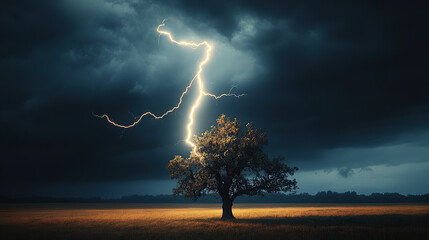Wall Mural - a dramatic lightning strike hitting an oak tree in the middle of a field under dark, stormy skies