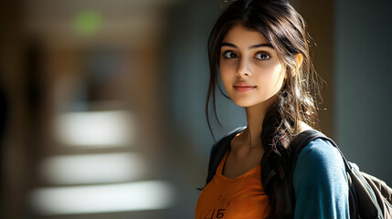 Poster - A young woman stands in a hallway, looking thoughtfully at the camera.