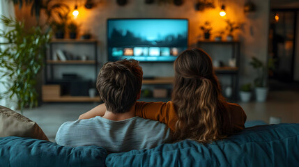 Sticker - Couple relaxing on a couch watching TV in a cozy living room.