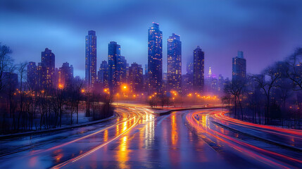 Sticker - A vibrant city skyline illuminated at dusk with reflective roads.