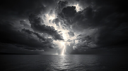 Wall Mural - A lightning bolt striking the sea, illuminating dark clouds over an ocean in monochrome