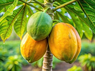 Close-up of pawpaw fruit on tree branch, showcasing Asimina triloba in its natural habitat during the vibrant growing season. Nature's beauty unfolds here beautifully.