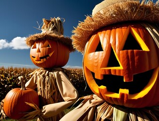 Halloween and autumn scarecrow in an open field representing fall season and Halloween party (16)