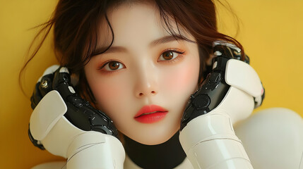 Poster - A close-up of a person with robotic hands against a yellow background.