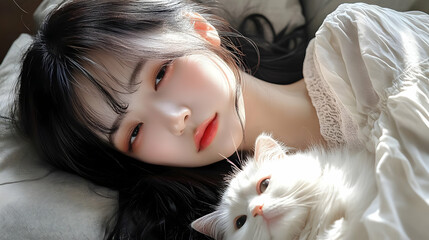 Poster - A serene moment of a girl resting with her fluffy white cat.