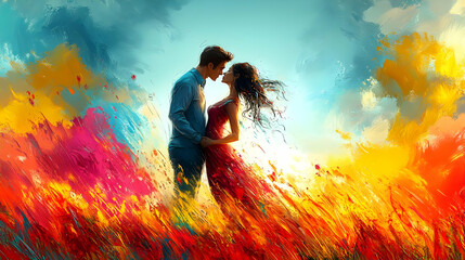 Wall Mural - A romantic embrace in a vibrant, colorful landscape.