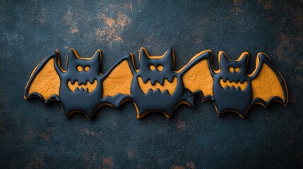 Wall Mural - top view of halloween bat cookies isolated on dark background