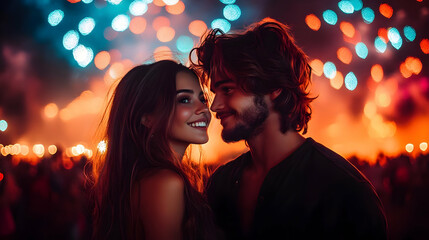 Wall Mural - Romantic couple smiling together against a vibrant fireworks backdrop.