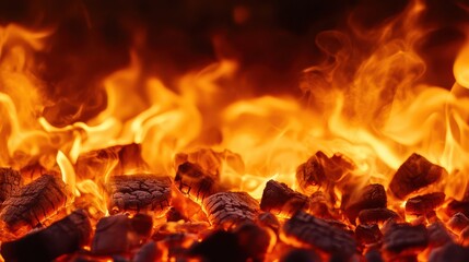 Close-up of glowing red embers and flames, creating a warm and dynamic fire scene.