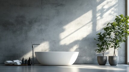 Minimalist bathroom with freestanding bathtub, concrete wall, two potted plants, and natural light.