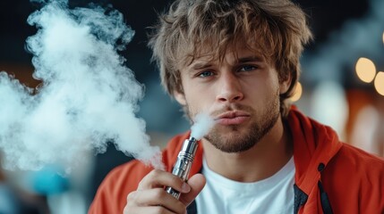 A young man in a vibrant red jacket releases a dense cloud of vapor, showcasing his relaxed and thoughtful expression in a soft-focus environment.